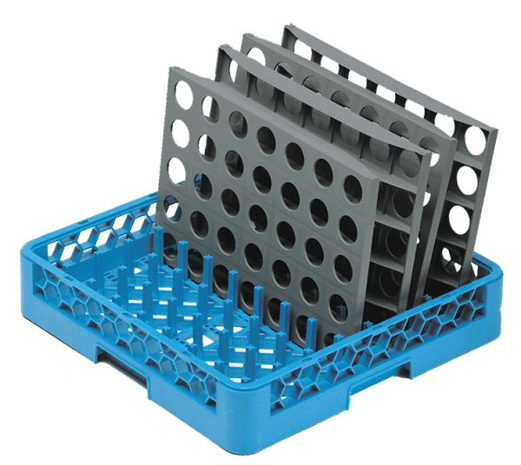 Gray FERMOD shelves are standing up in a blue dishwasher rack