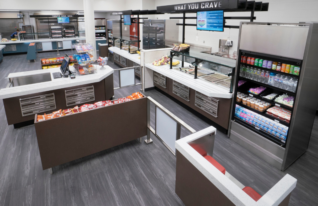 View of Multiteria Essence serving counters in a cafeteria.