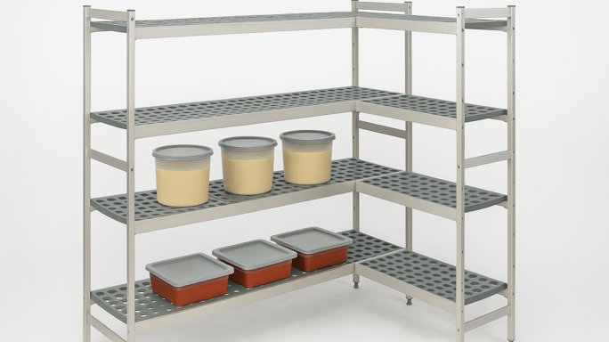 L-shaped FERMOD walk-in shelving. One longer second shelf from the bottom is three round containers with lids holding yellow sauce. On the bottom shelf is three square containers with lids holding red sauce.
