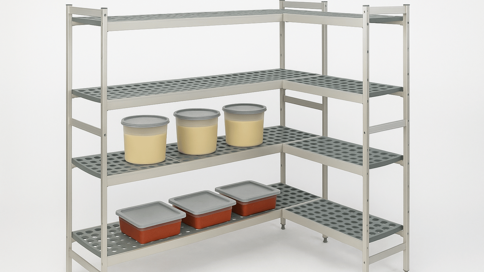 L-shaped FERMOD walk-in shelving. One longer second shelf from the bottom is three round containers with lids holding yellow sauce. On the bottom shelf is three square containers with lids holding red sauce. 