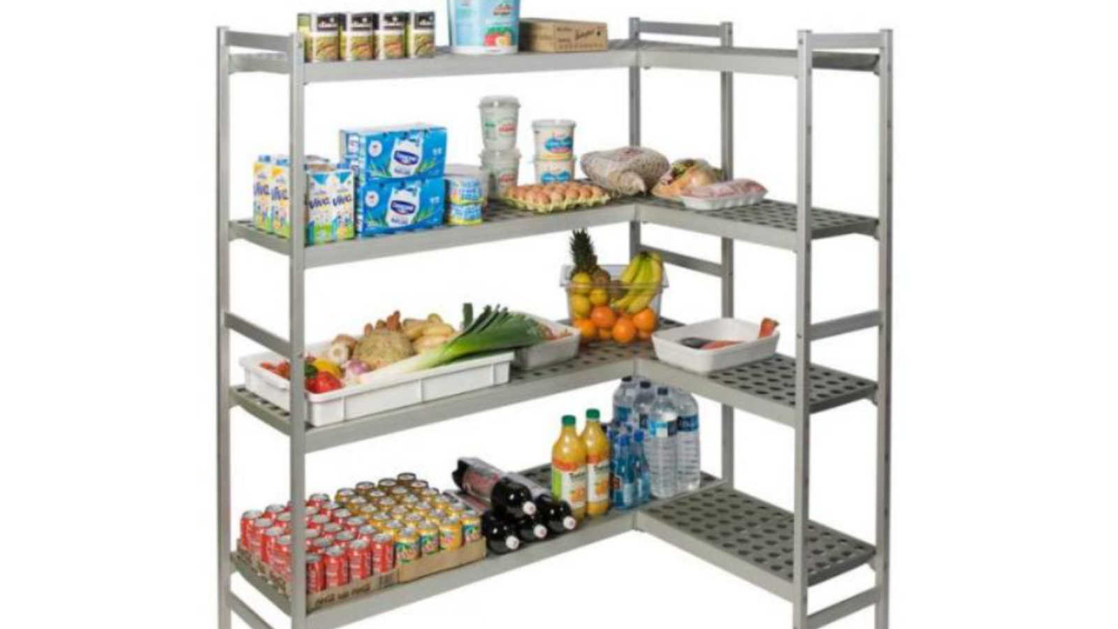 A stainless-steel shelving unit. The unit is shaped like the letter L. It has four shelves and stands tall. Each stainless steel shelf contains food and beverage inventory.