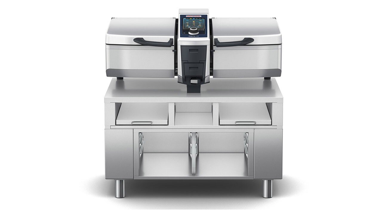 RATIONAL'S iVario Pro 2 xs as seen from the front on top of a counter. Featuring height adjustable legs.